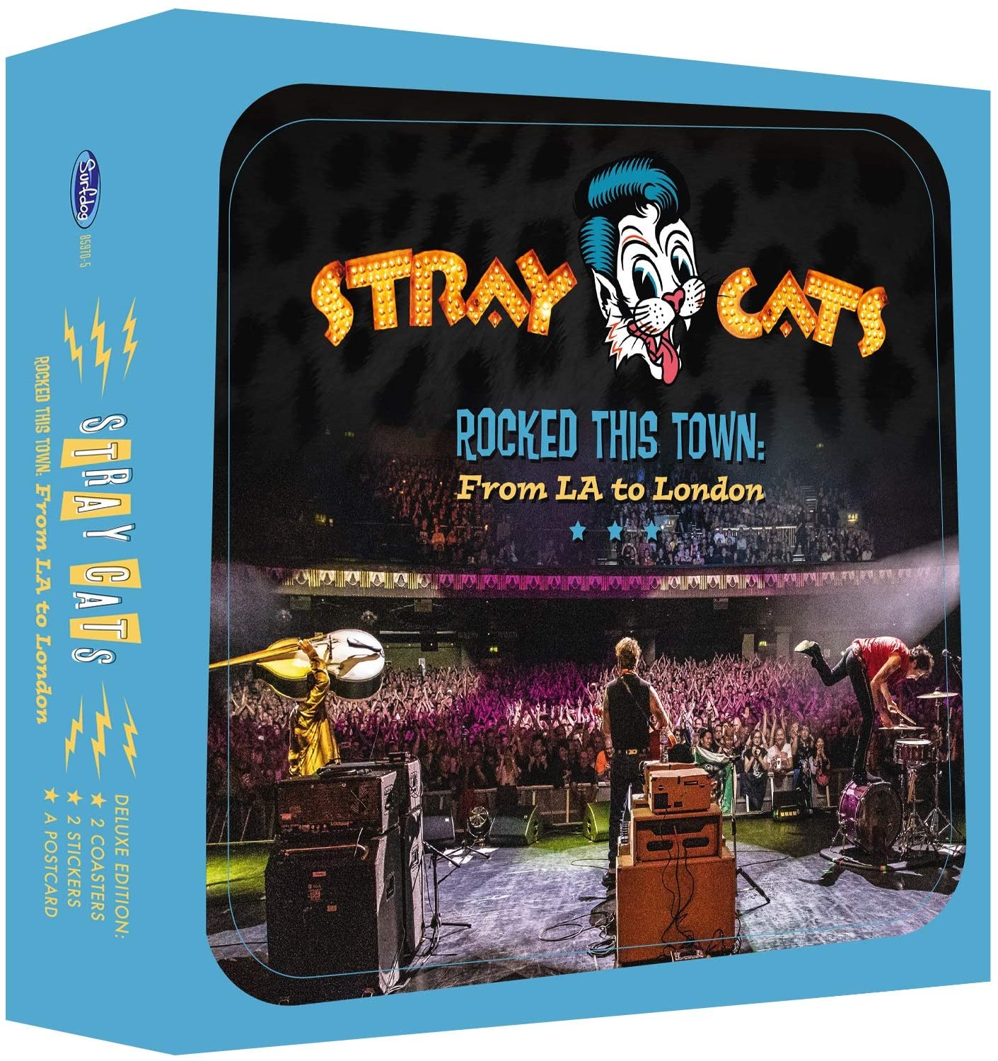"Blue box set with 'Stray Cats' album cover showing a live concert performance."