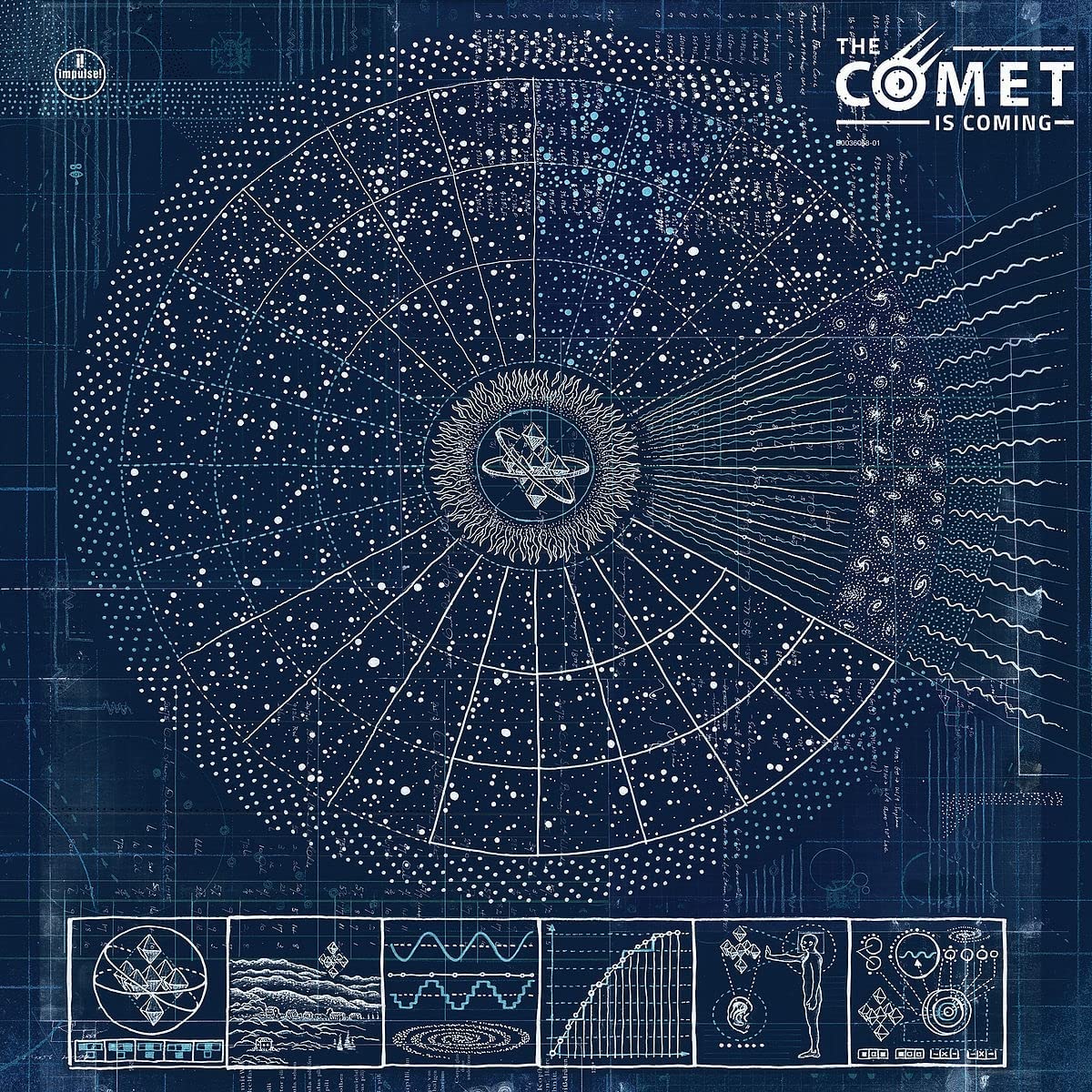 Dark blue vinyl album cover with white cosmic and technical illustrations and diagrams.