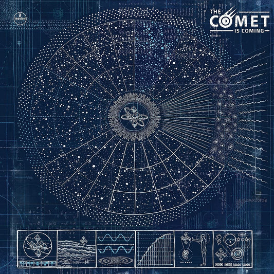 Dark blue vinyl album cover with white cosmic and technical illustrations and diagrams.