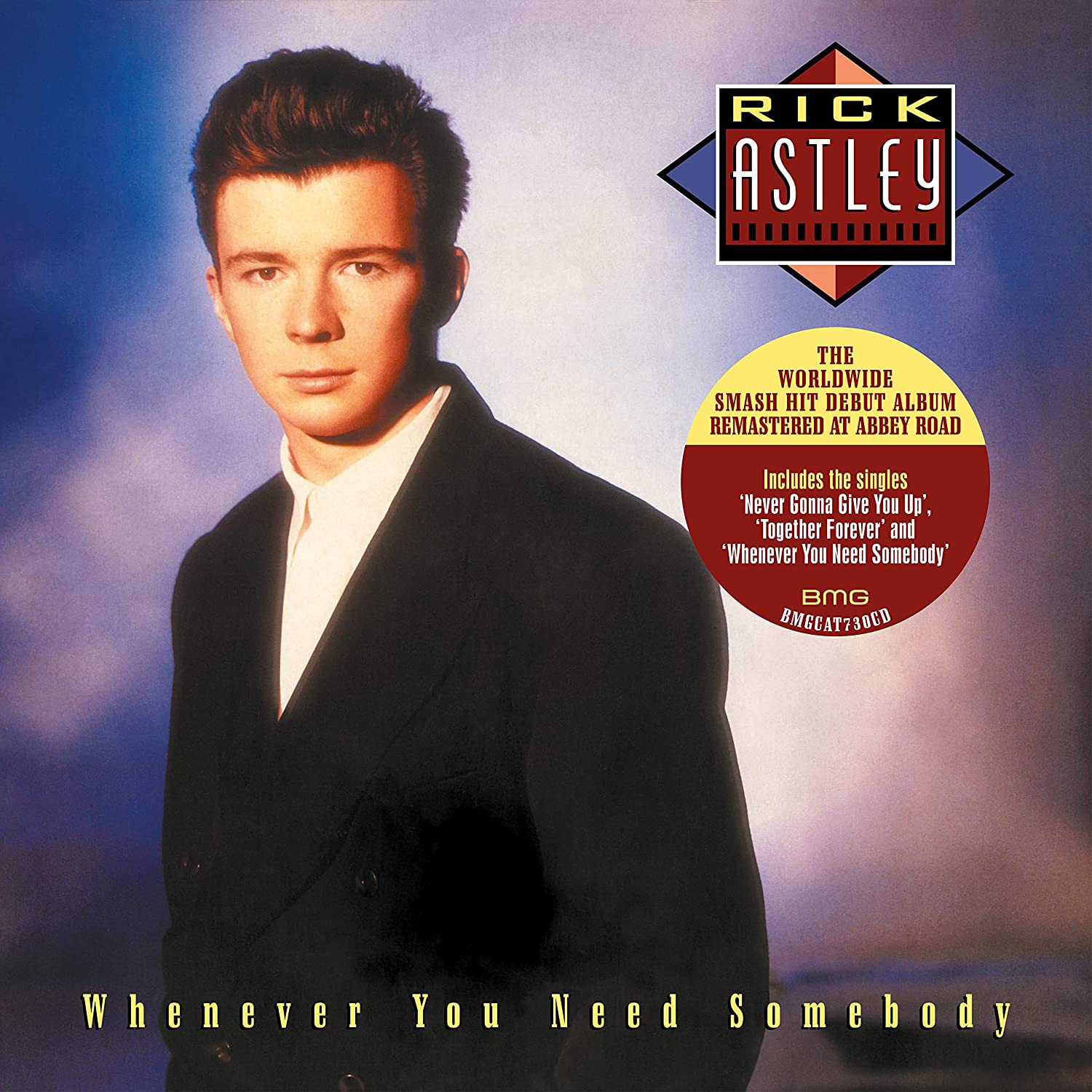 "CD cover featuring Rick Astley in a black suit against a blue background."
