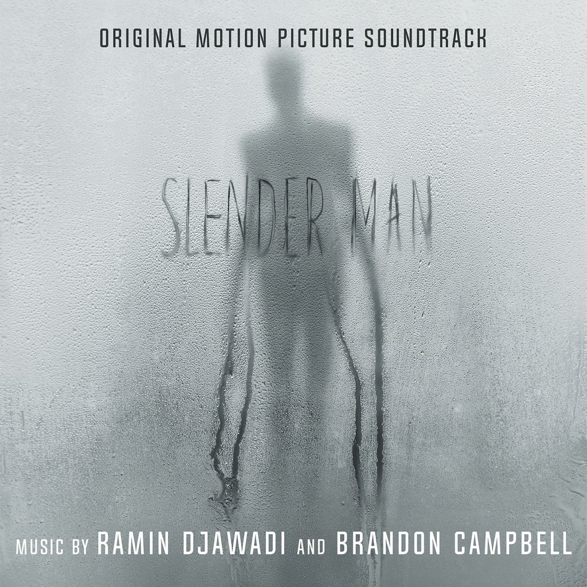 "Soundtrack cover with a shadowy figure and 'Slender Man' text on a gray background."