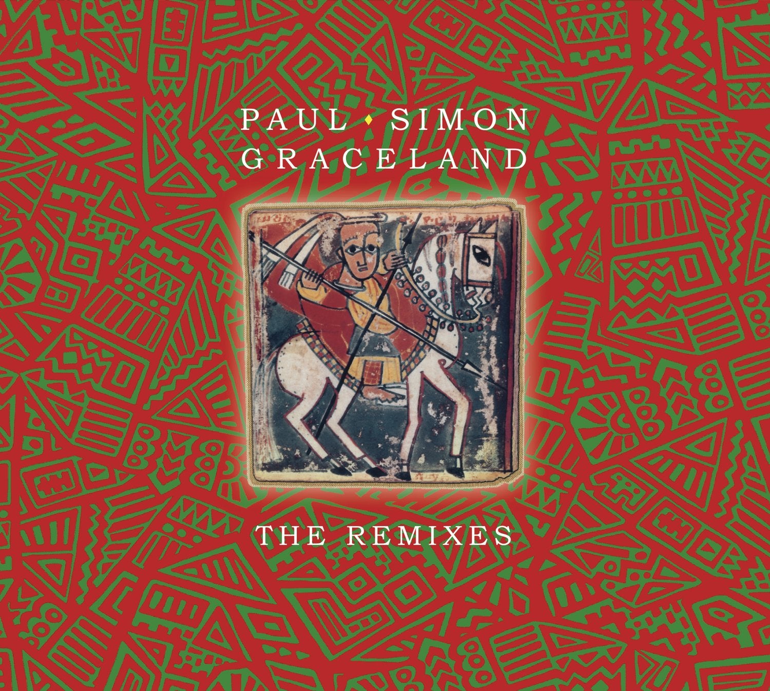 Red and green album cover with man on horse illustration.