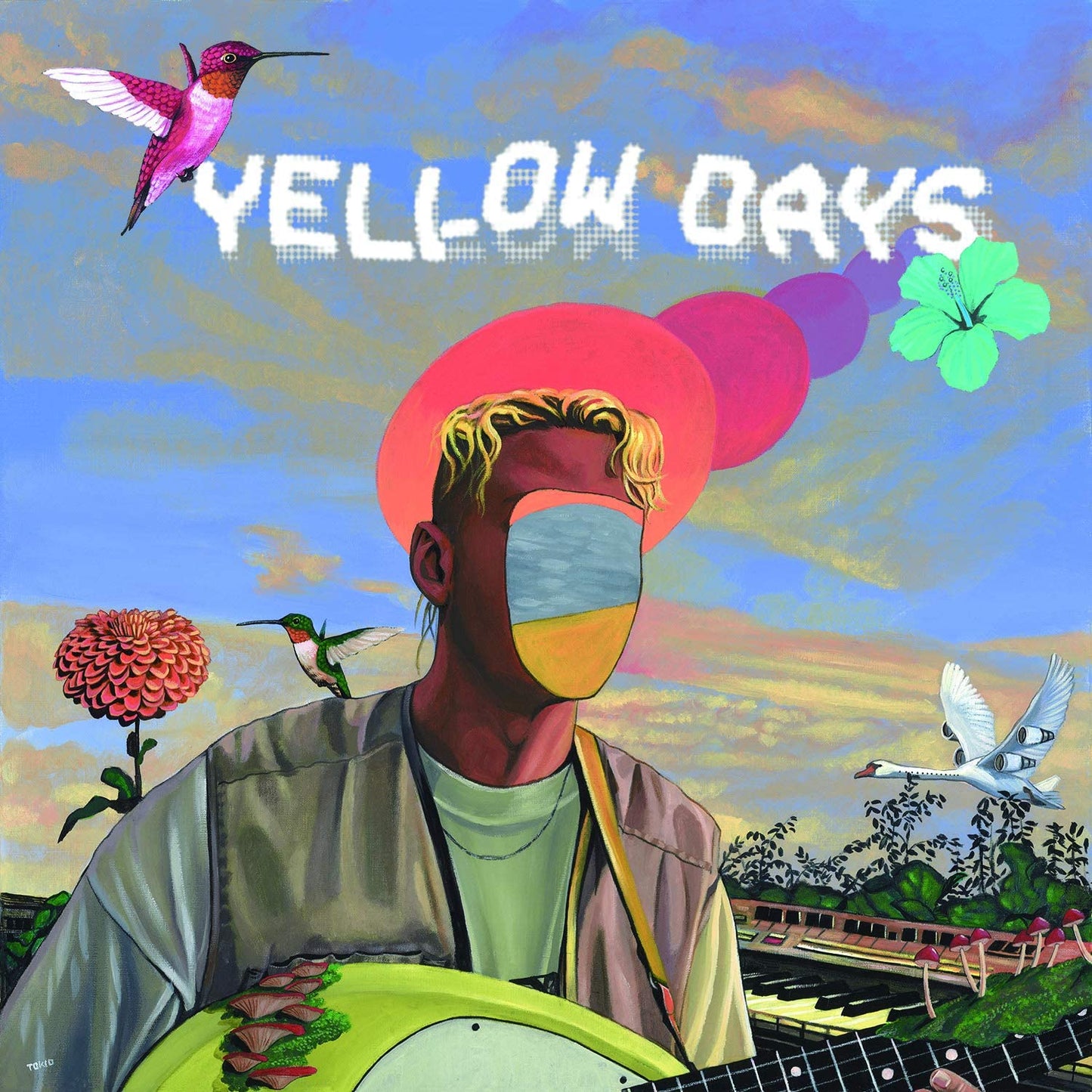 "Album cover art featuring a man with a yellow banjo surrounded by birds and flowers."