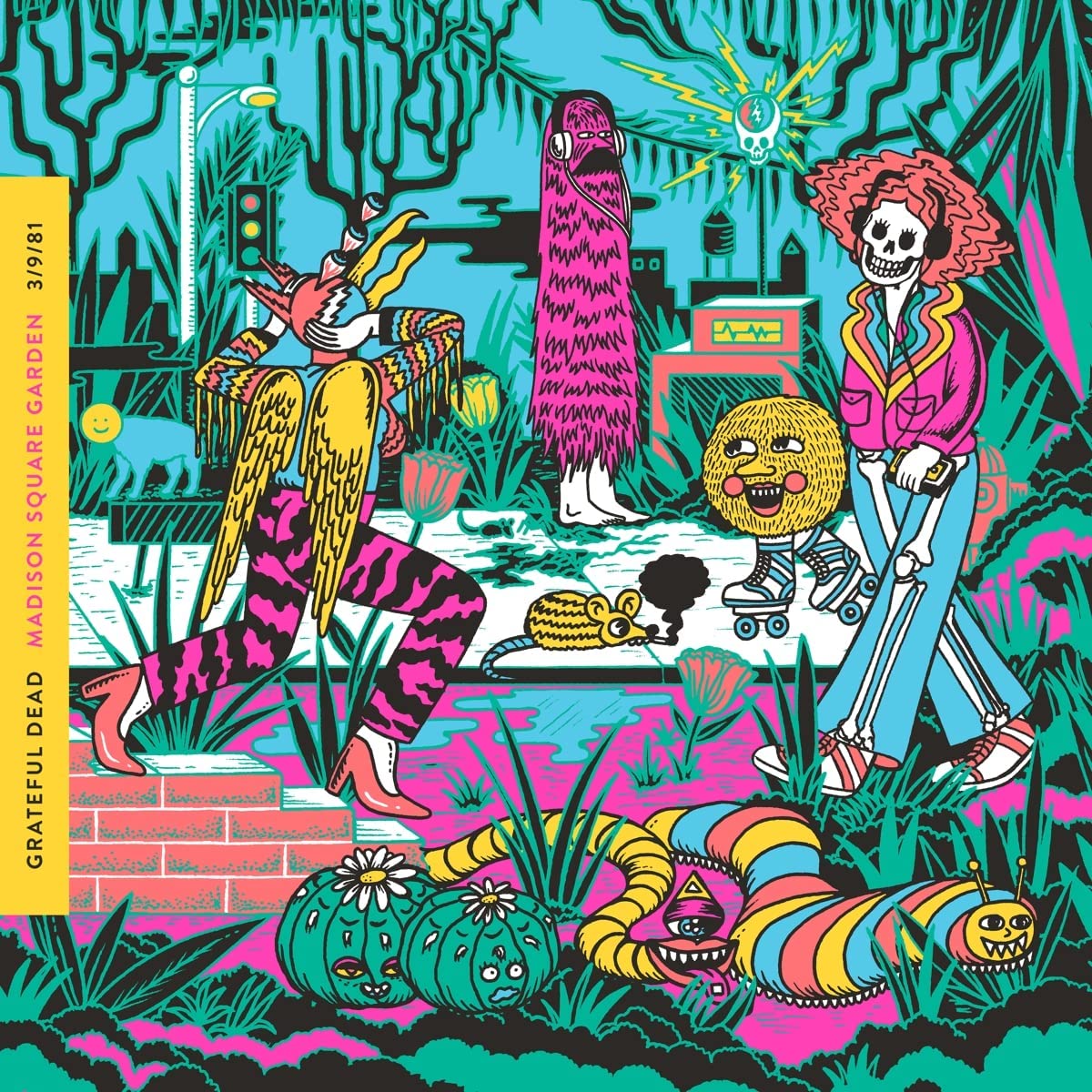 "Grateful Dead album cover with cartoon illustration of skeletons and creatures in a garden."