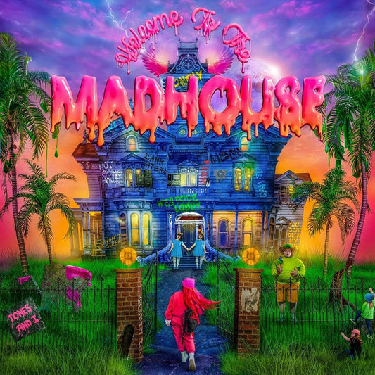 "Album cover art: 'Welcome To The Madhouse' by Tones And I, featuring a surreal mansion scene."