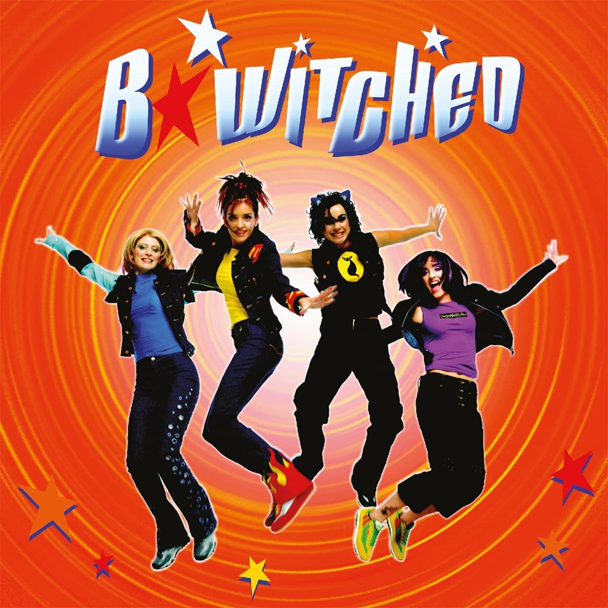 "Album cover featuring four women jumping against an orange background with stars."