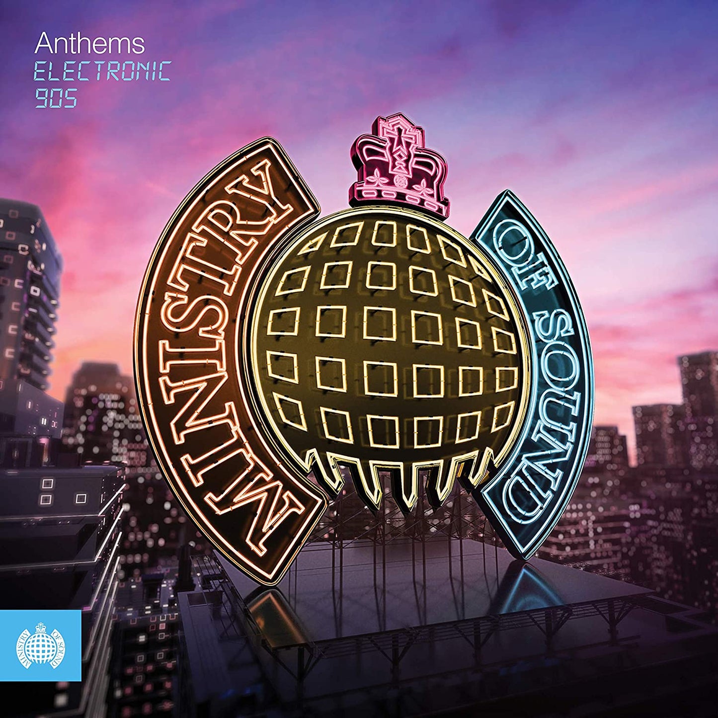 "Album cover featuring a disco ball with 'Ministry of Sound' logo against a cityscape."