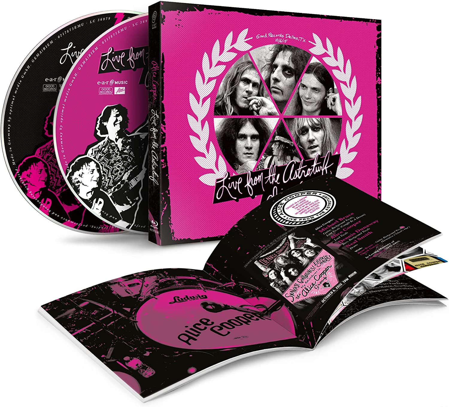 Pink CD case with black and white images and text, containing a CD.