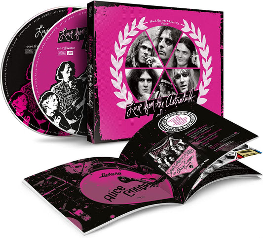 Pink CD case with black and white images and text, containing a CD.