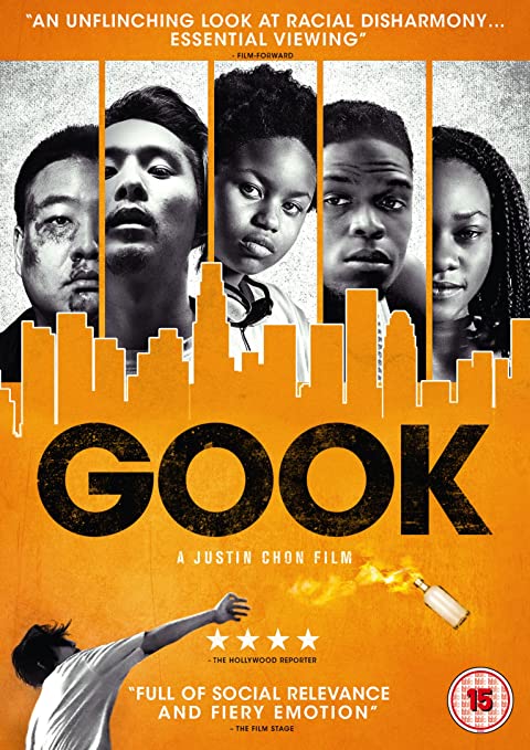 DVD cover for "Gook" with city skyline and faces of four people.