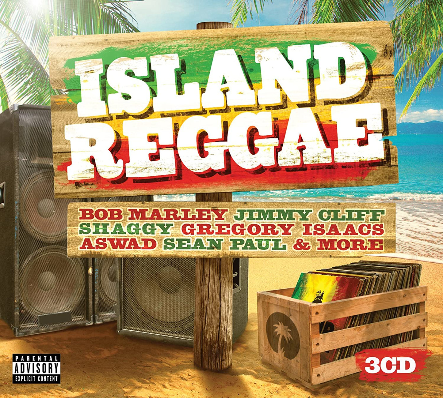 "CD cover with 'ISLAND REGGAE' title, speakers, and CDs on a beach scene."