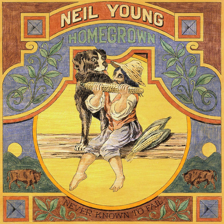 Album cover art featuring a man, dog, and wheat on a yellow background.