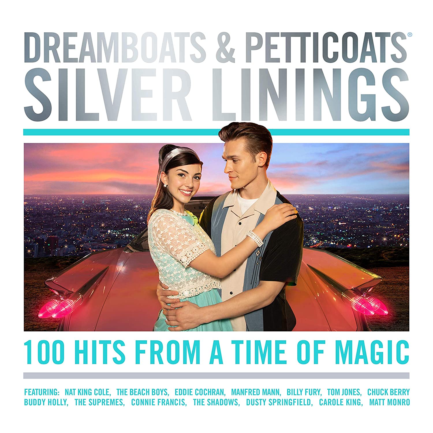 "CD cover featuring a couple embracing in front of a red car at dusk."