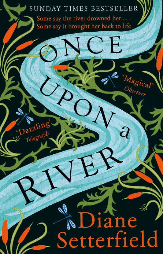 "Book cover with a winding river, dragonflies, and foliage on a black background."