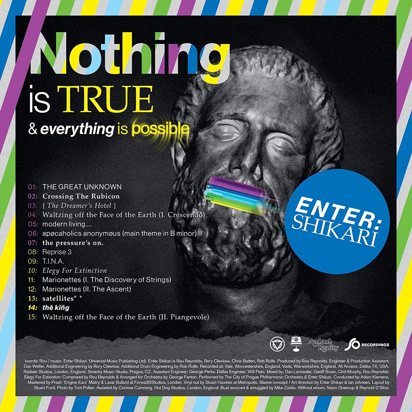 "CD album cover with a black-and-white bust and rainbow accents."