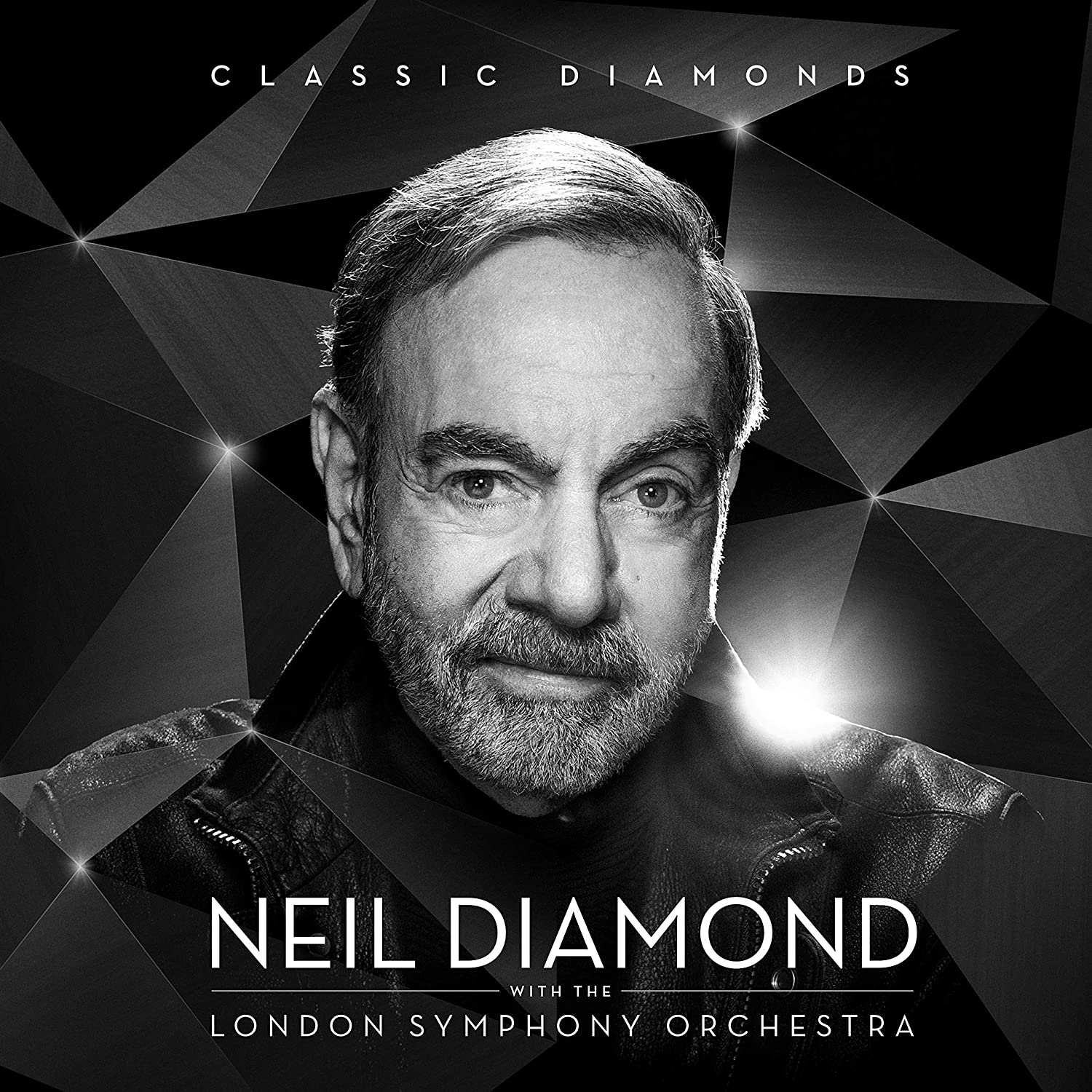 Black and white album cover featuring Neil Diamond's portrait with geometric background and white text.
