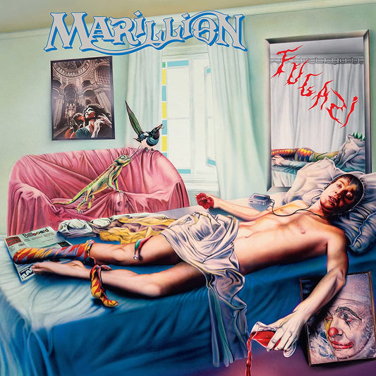 Marillion album cover: surreal image of a man on a bed surrounded by strange objects.