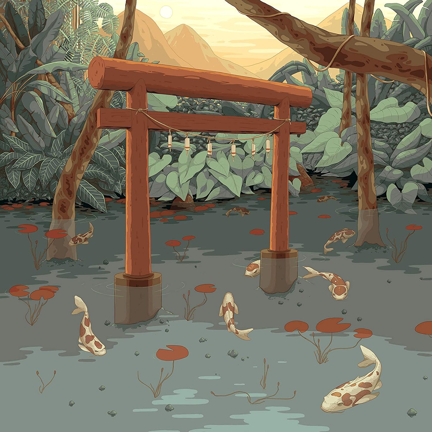 The image depicts a serene Japanese-style pond scene with a distinctive red torii gate. Alt text: "Red torii gate in a pond with koi fish and foliage."