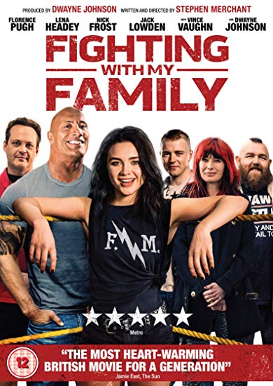 "Fighting with My Family" DVD cover featuring a group of people, mostly wearing wrestling attire.