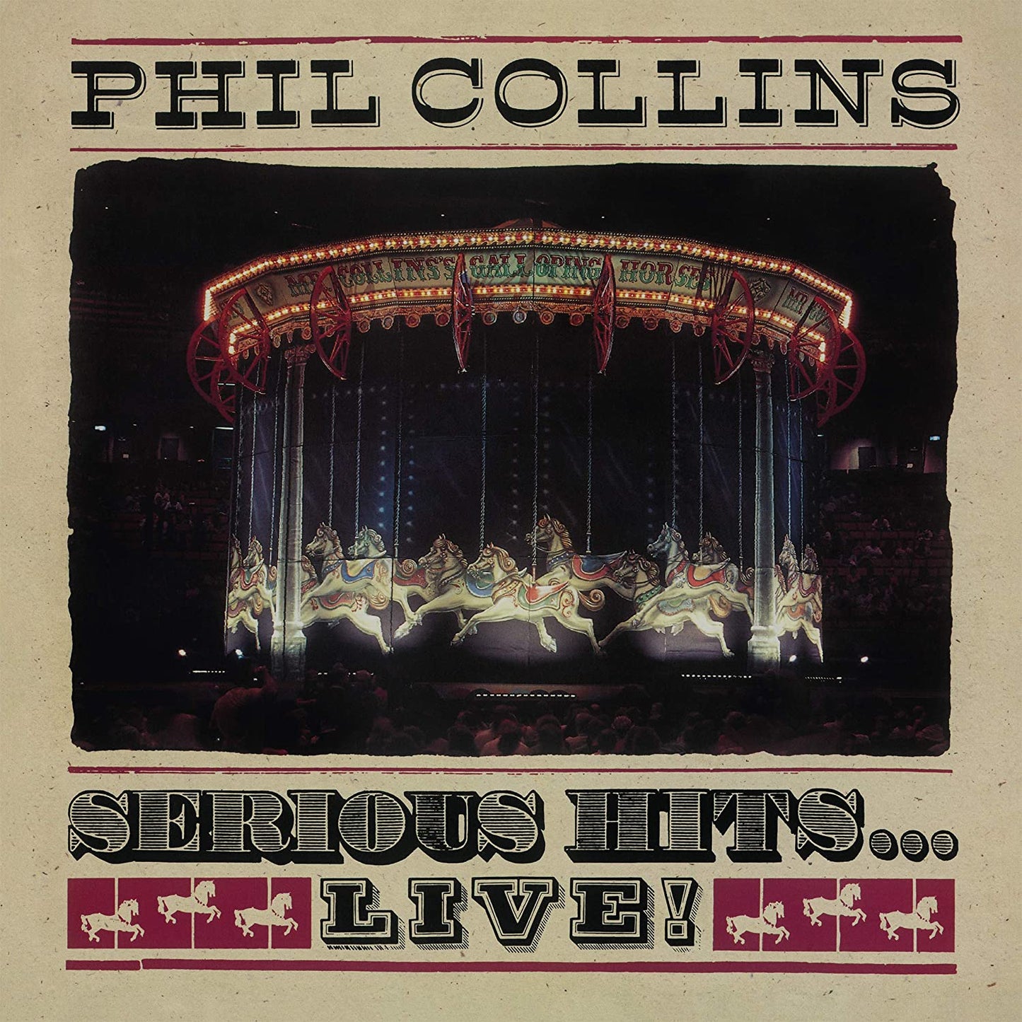 "Album cover with a carousel at night, lit up, on a beige background."