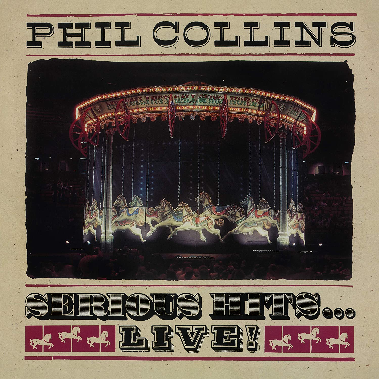 "Album cover with a carousel at night, lit up, on a beige background."