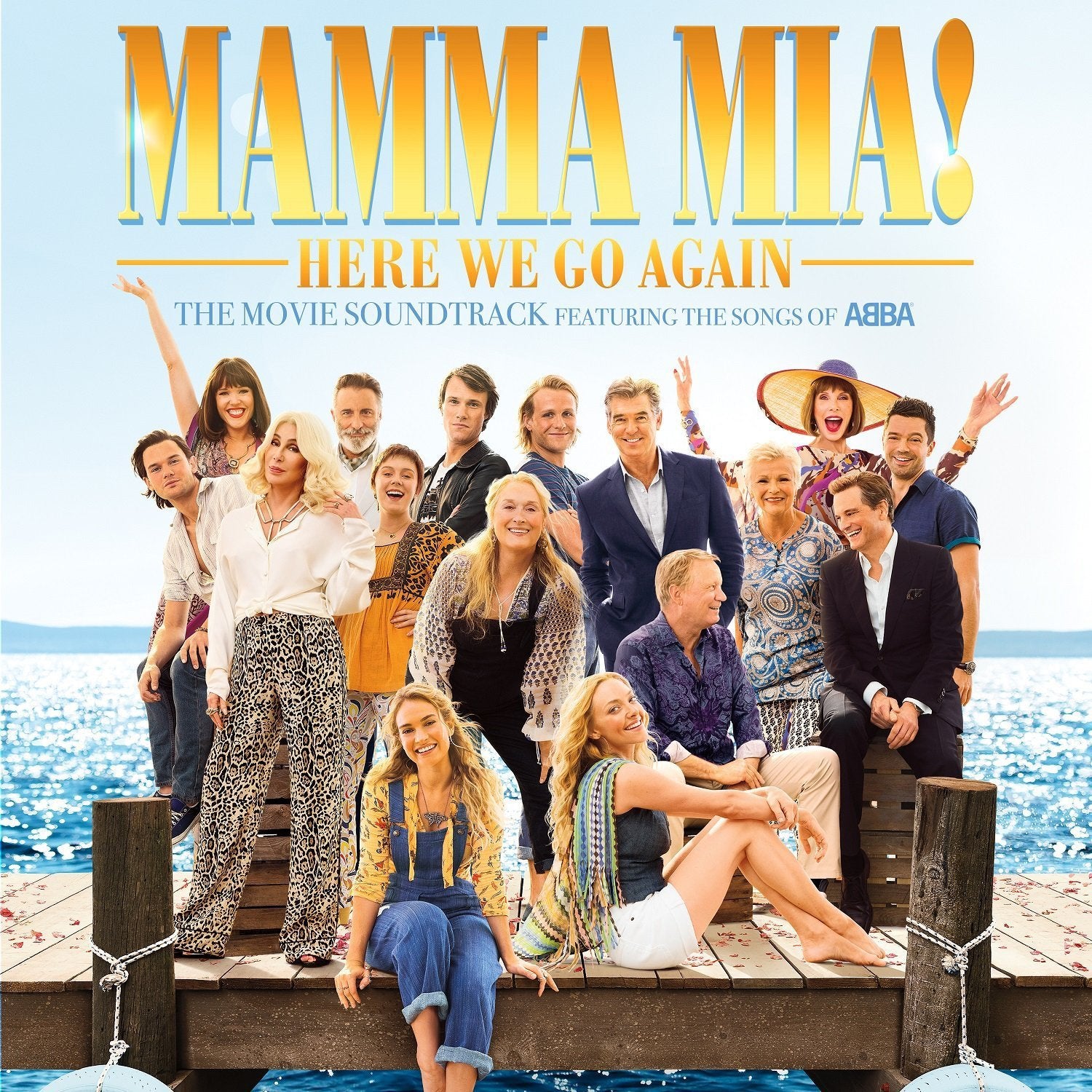"Mamma Mia! Here We Go Again" soundtrack CD cover featuring a group on a dock.
