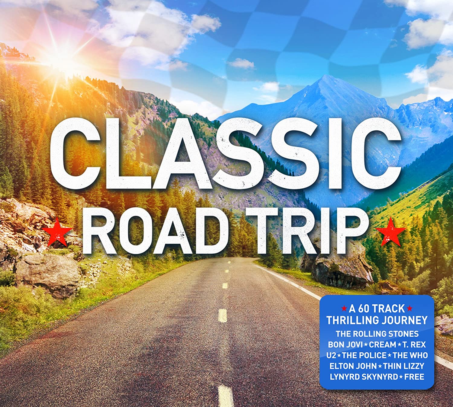 "CD cover with 'Classic Road Trip' text, road, and mountain landscape."