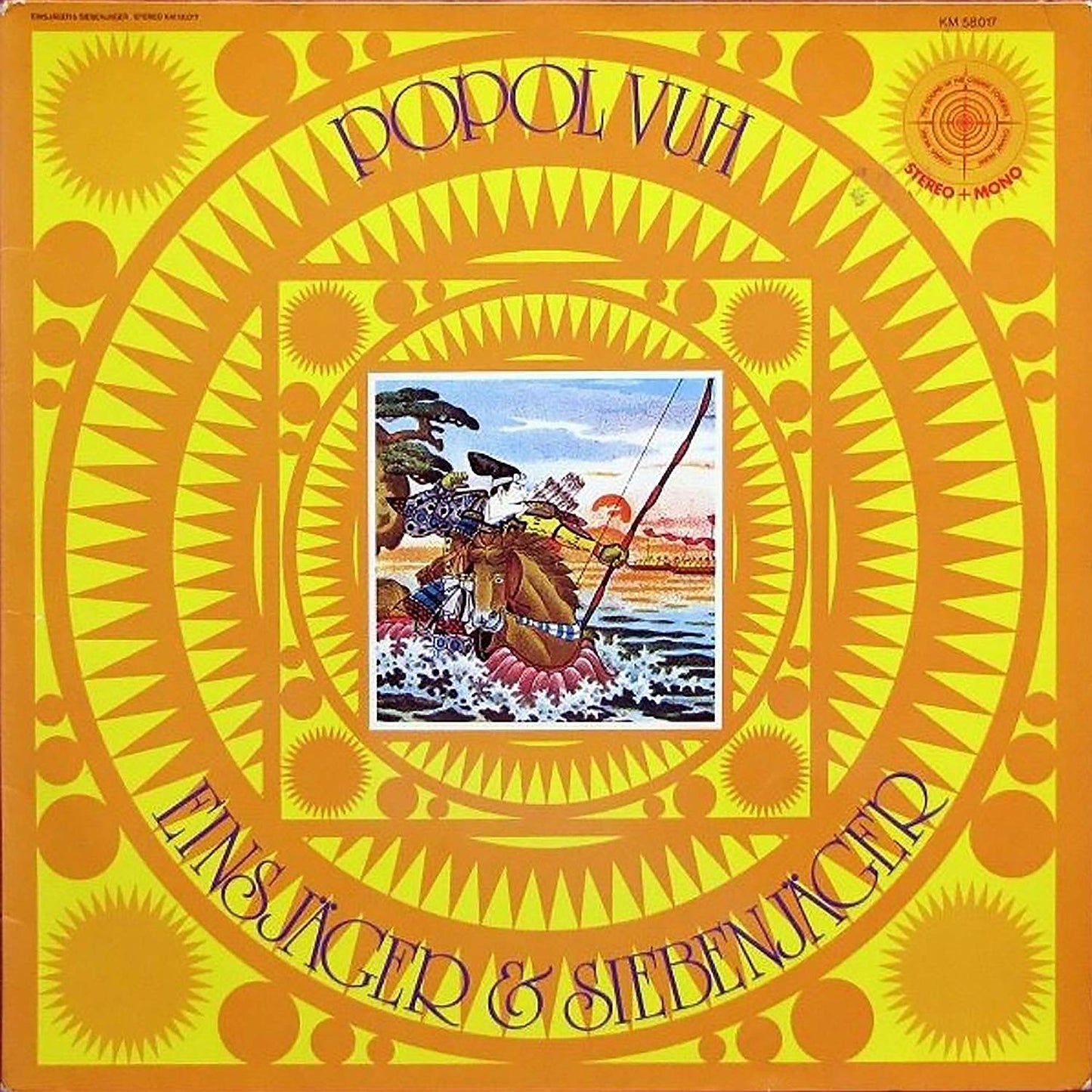 "Album cover with yellow background, concentric circles, and central illustration of warriors."