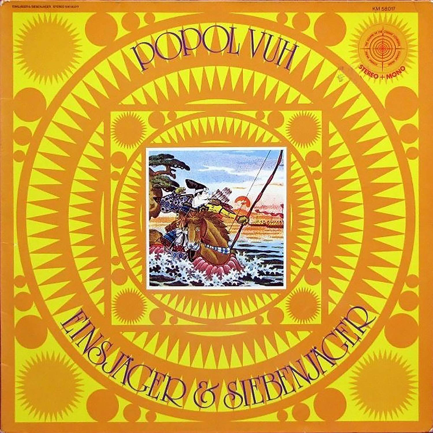 "Album cover with yellow background, concentric circles, and central illustration of warriors."
