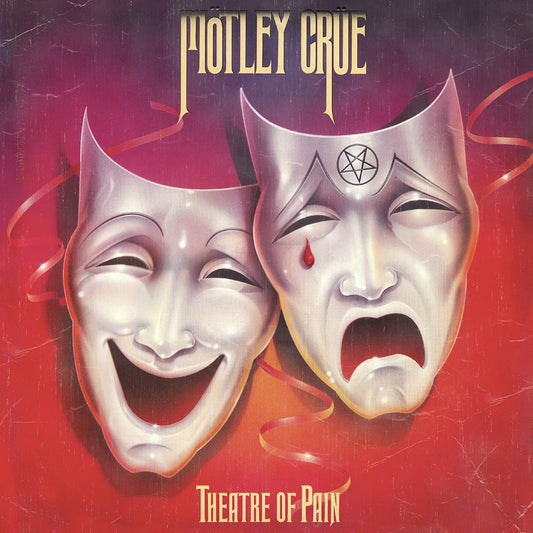 "Album cover with comedy and tragedy masks on a red background."