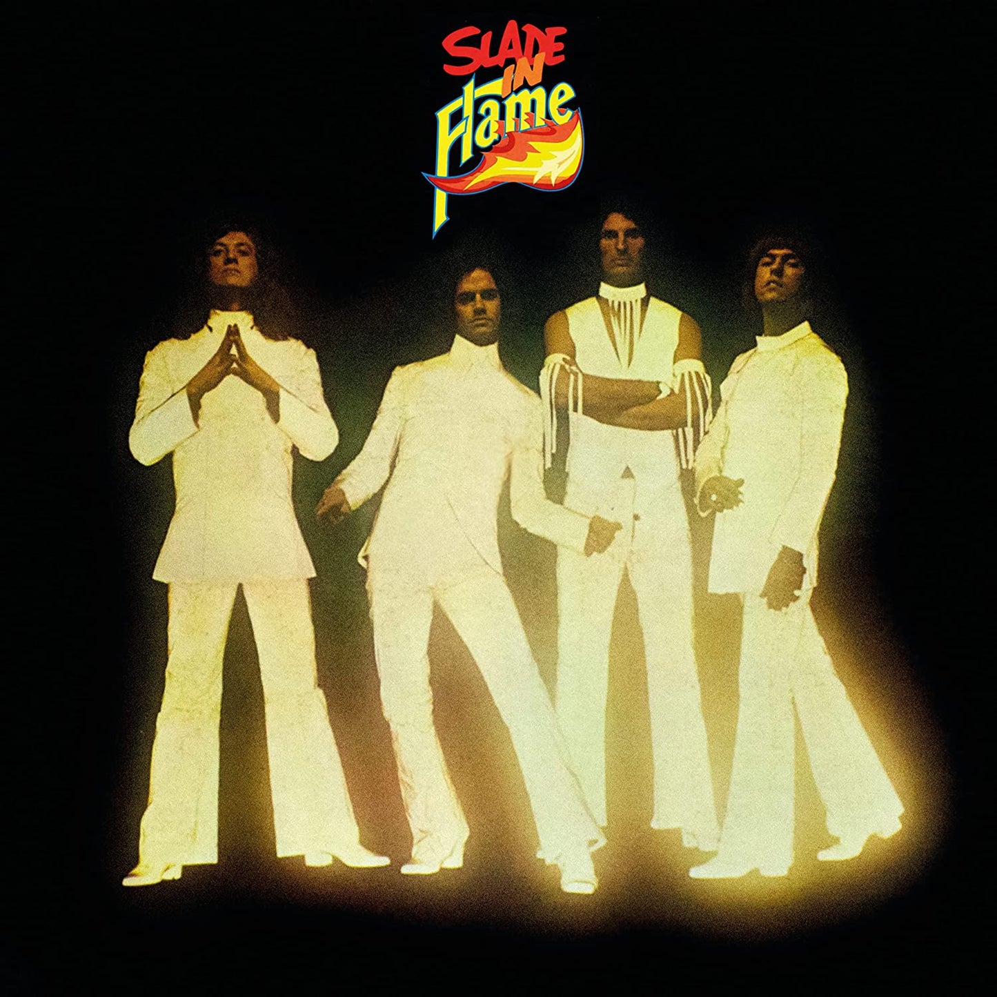 Album cover with four men in white suits against a black background.