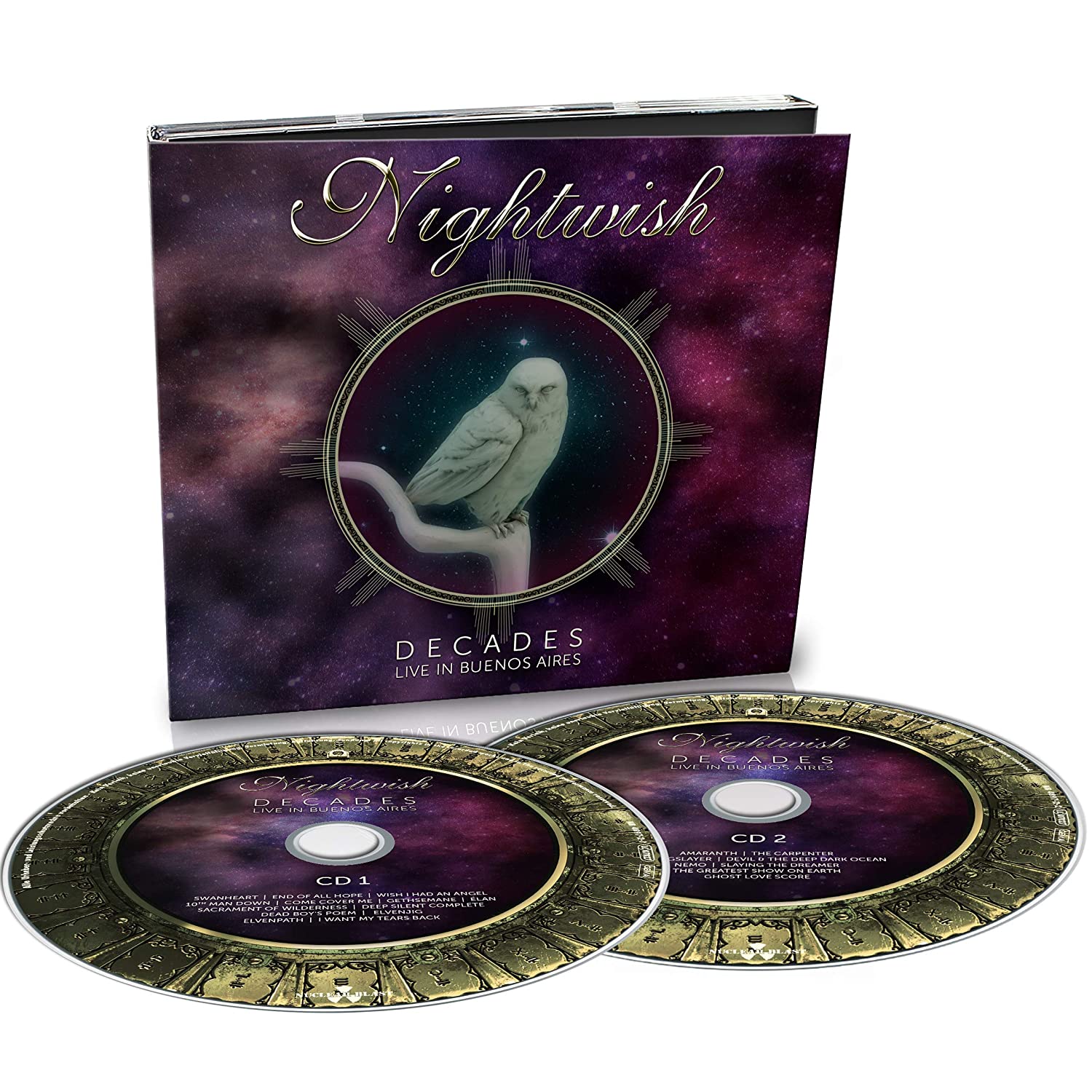 "Album cover with owl on branch against a purple galaxy background."