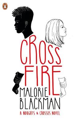 "Book cover of 'Crossfire' by Malorie Blackman, featuring black and white profile illustrations."