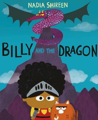 "Children's book cover featuring a boy, cat, and dragon on a mountain."