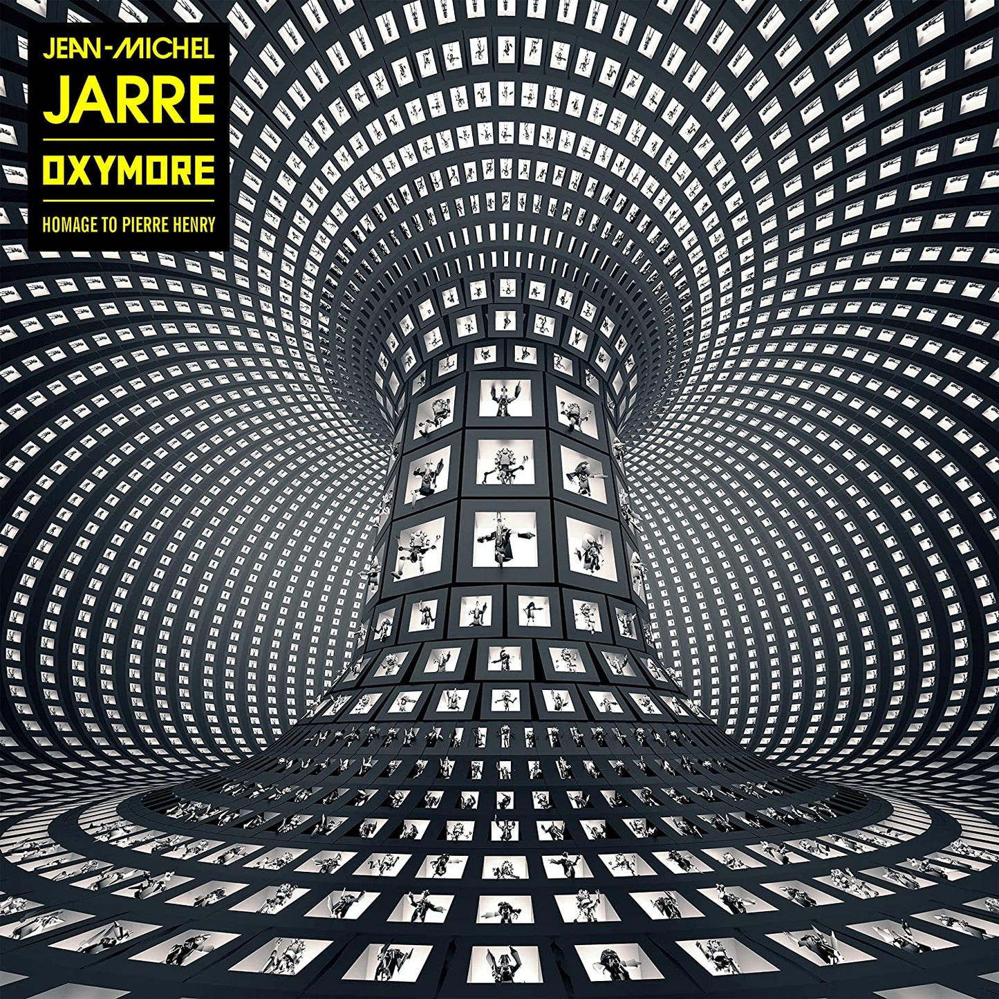"Black and white tunnel with grid pattern and silhouettes on a vinyl album cover."