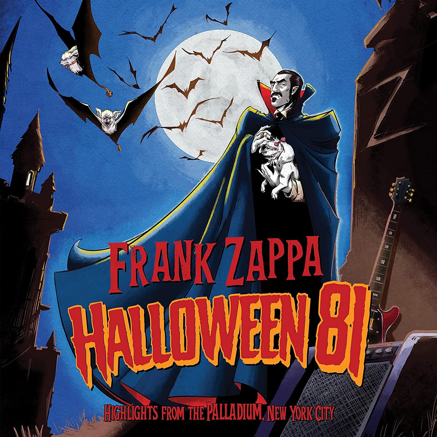 "Album cover featuring Frank Zappa as a vampire with bats and a full moon."