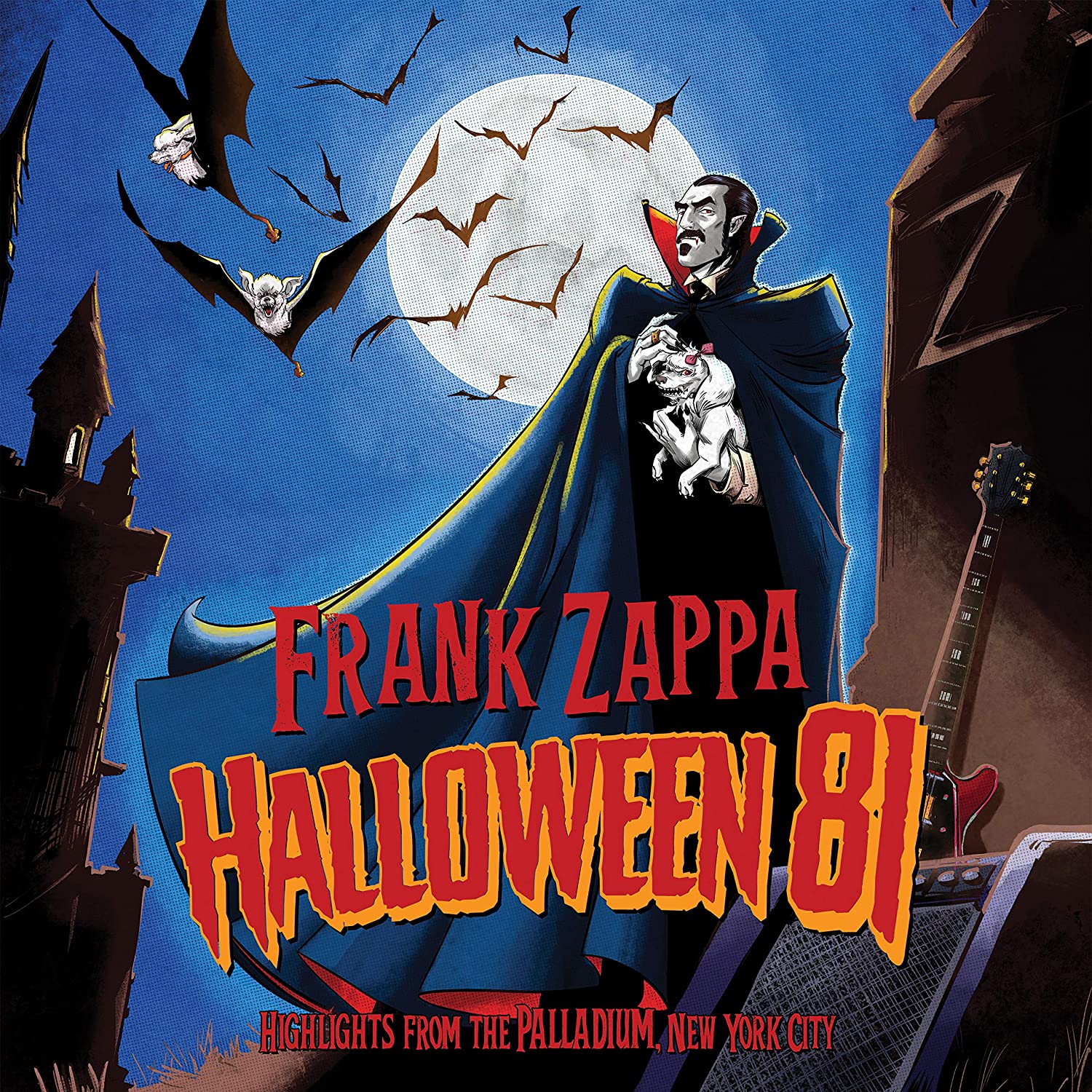 "Album cover featuring Frank Zappa as a vampire with bats and a full moon."