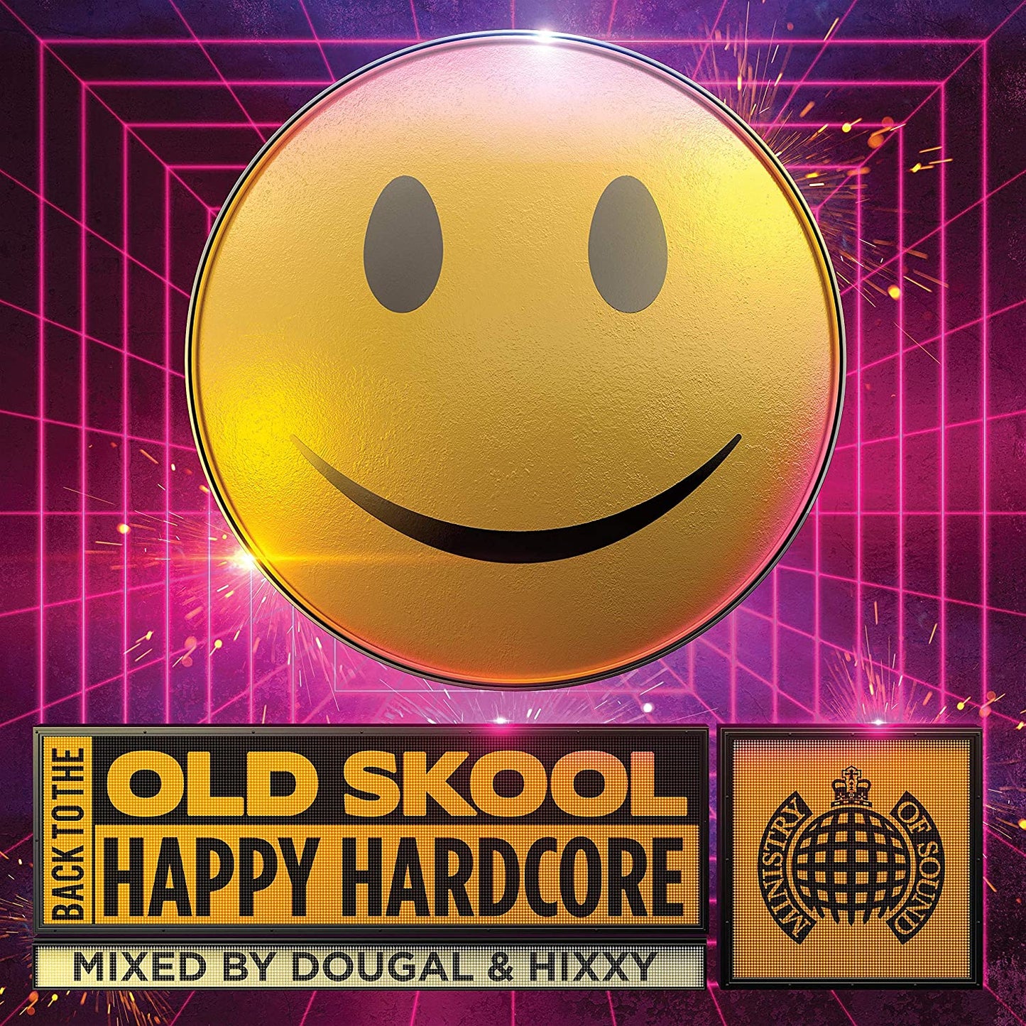A CD cover featuring a smiley face on a pink grid background.