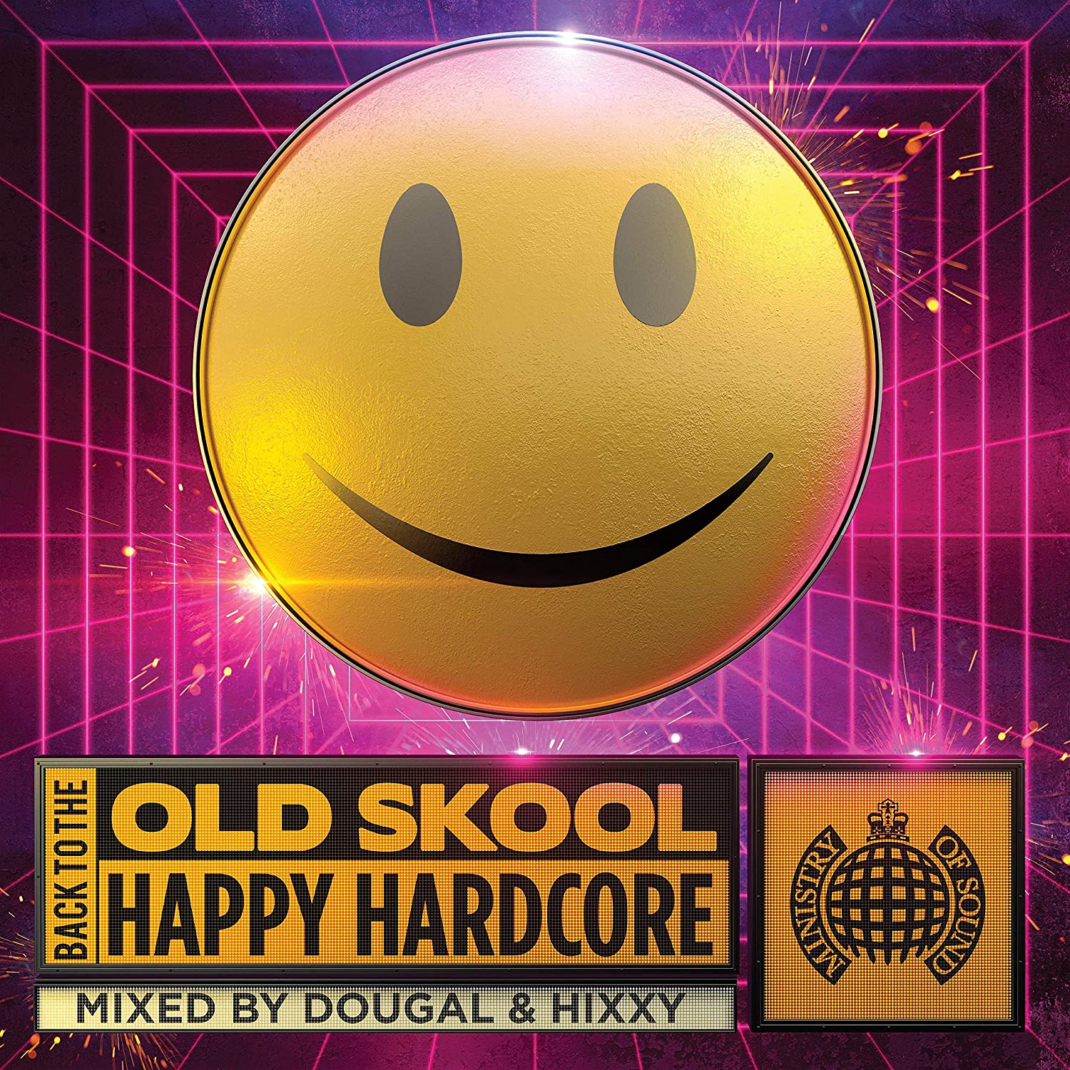 A CD cover featuring a smiley face on a pink grid background.
