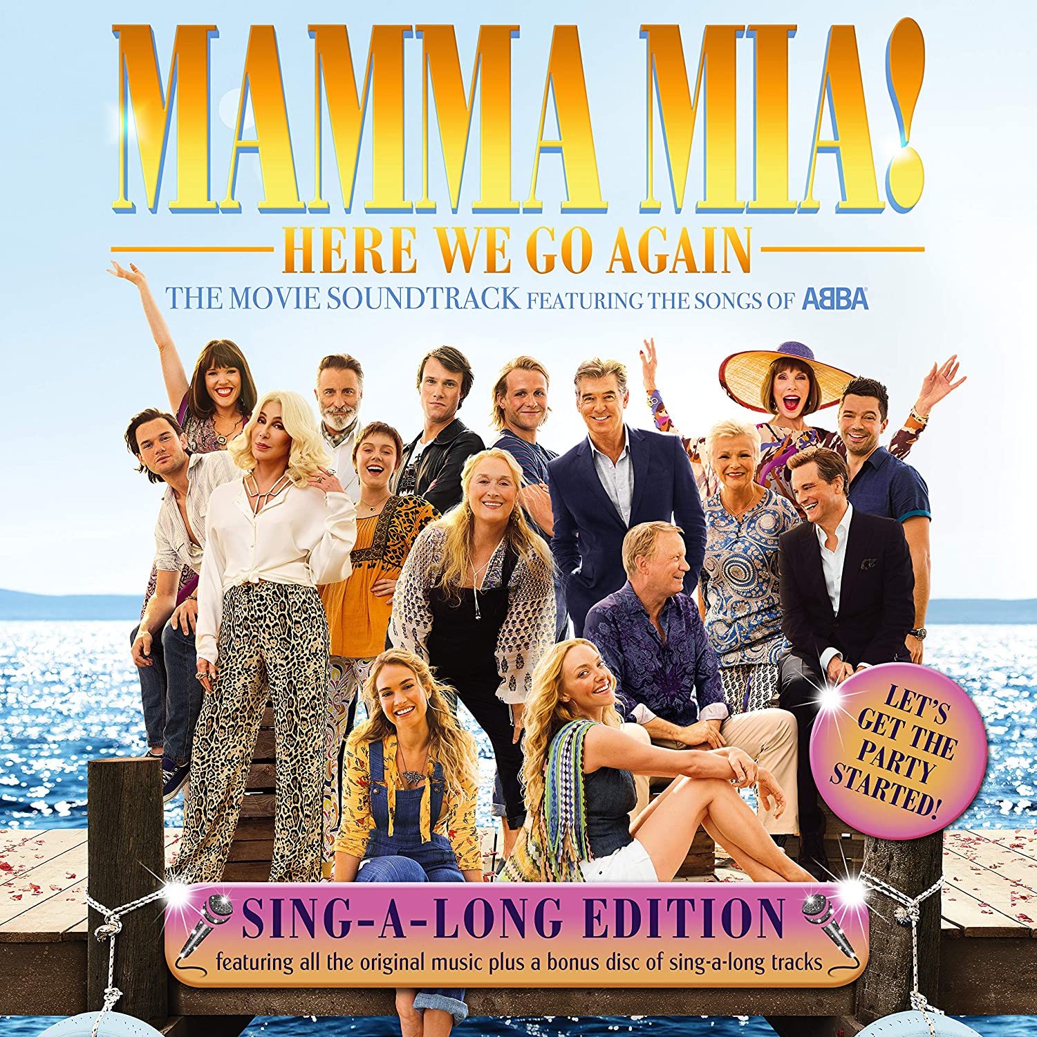 "Mamma Mia! Here We Go Again" CD cover featuring a group of people on a dock.