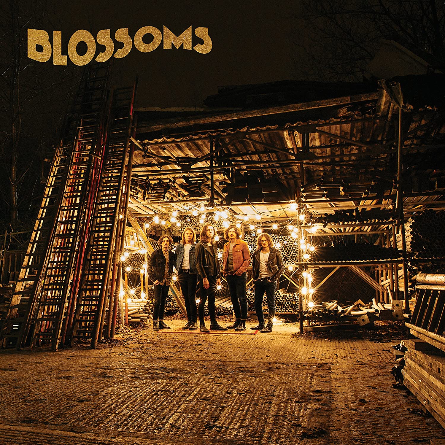 "Album cover featuring the band 'Blossoms' standing under a lit scaffolding structure."