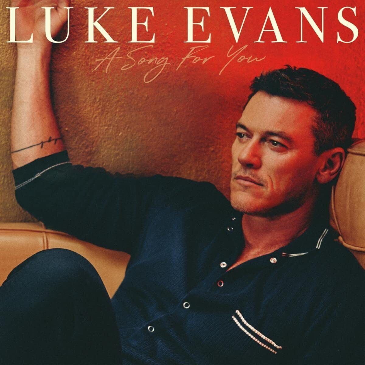 "Album cover featuring Luke Evans sitting on a couch, wearing a dark shirt."