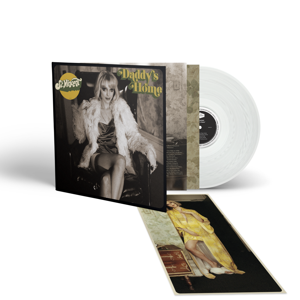 Vinyl record with black and white album cover featuring a woman in a chair.