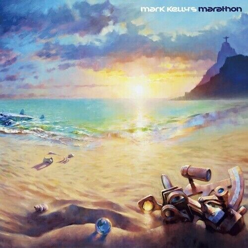 "Album cover art: surreal beach scene with machinery parts and 'Mark Kelly's Marathon' text."